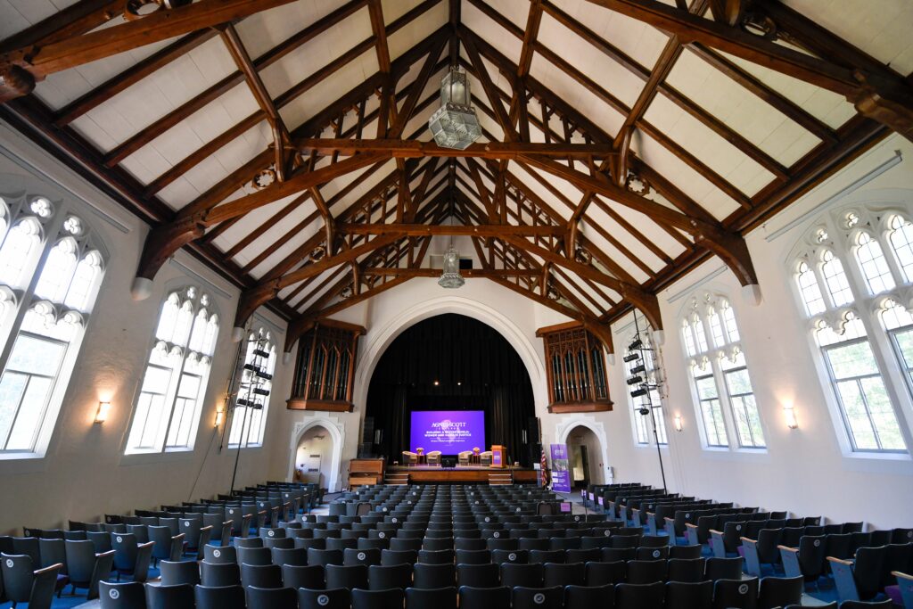 Photo of Large Auditorium with wooden beams: Gaines Chapel in Presser Hall at Agnes Scott College