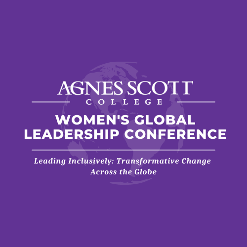 Purple logo for Women's Global Leadership Conference reading "Agnes Scott College. Leading Inclusively: Transformative Change Across the Globe"
