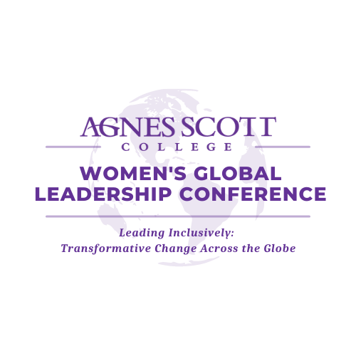 White and purple logo for Women's Global Leadership Conference reading "Agnes Scott College. Leading Inclusively: Transformative Change Across the Globe" with a silhouette of a globe behind it.