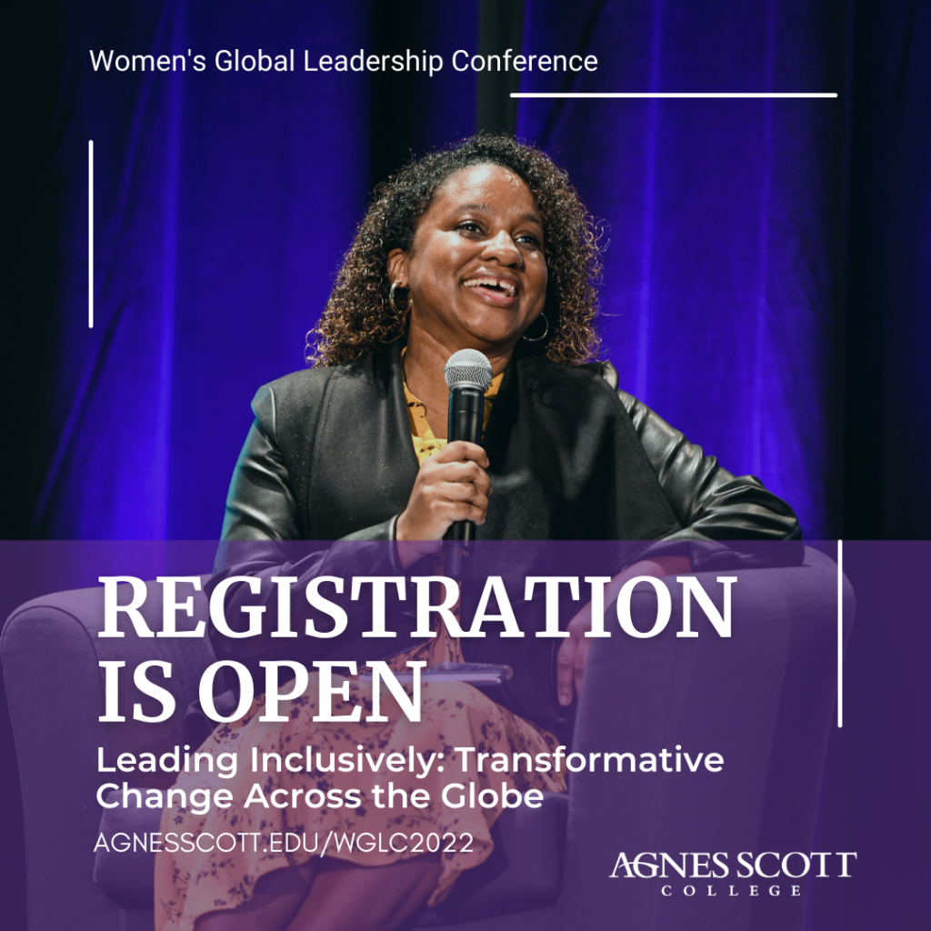 "Registration is Open" in white text on purple background with woman smiling into microphone
